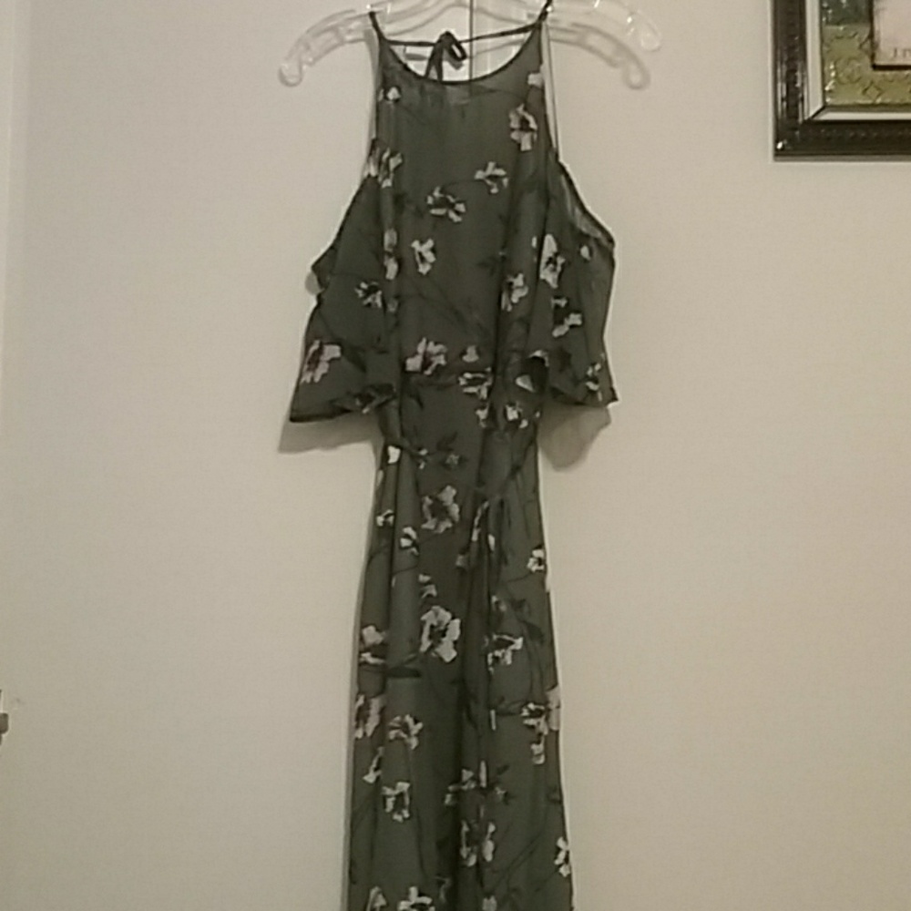 Olive green floral cold shoulder dress